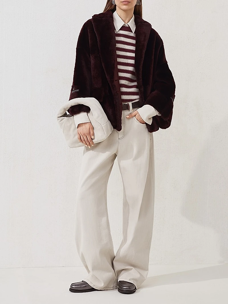 Reversible Shearling Outerwear Jacket with Shiny Cuff Details
