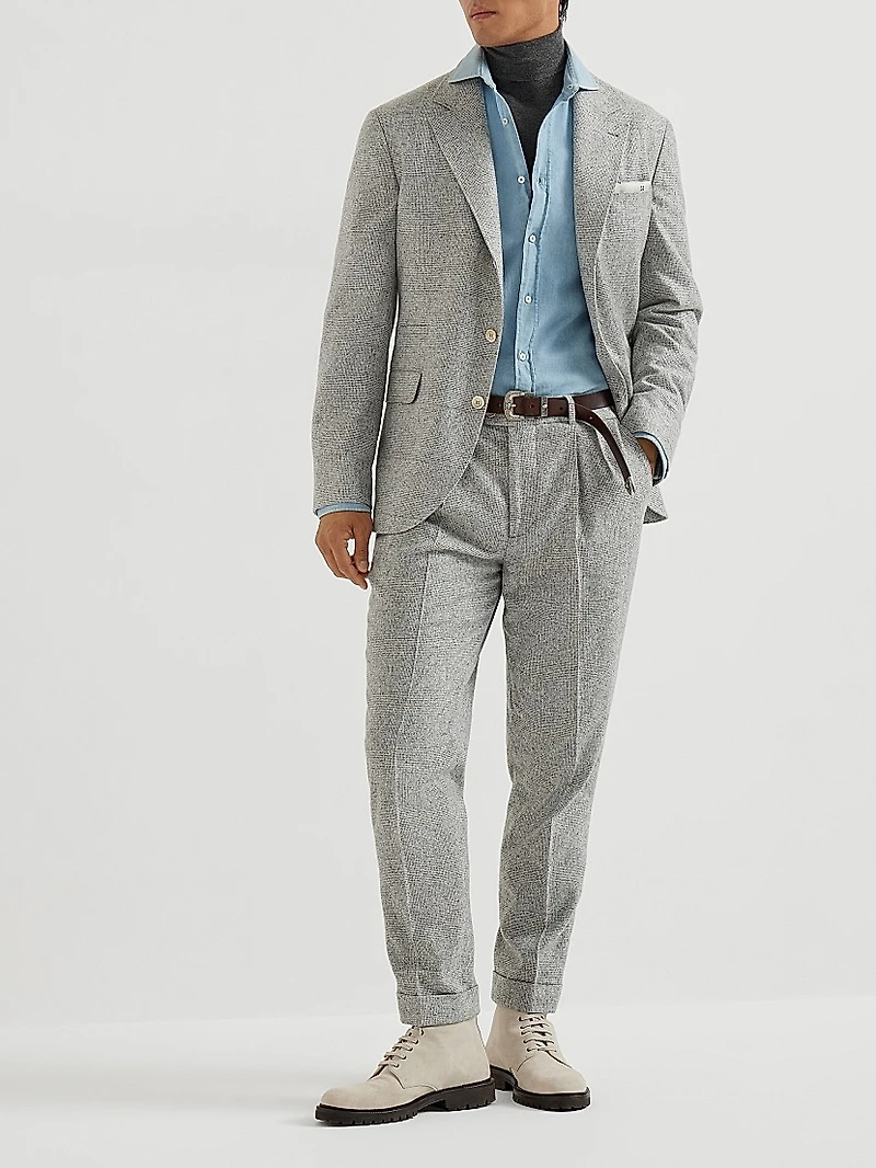Flecked Prince of Wales Flannel Leisure Fit Trousers