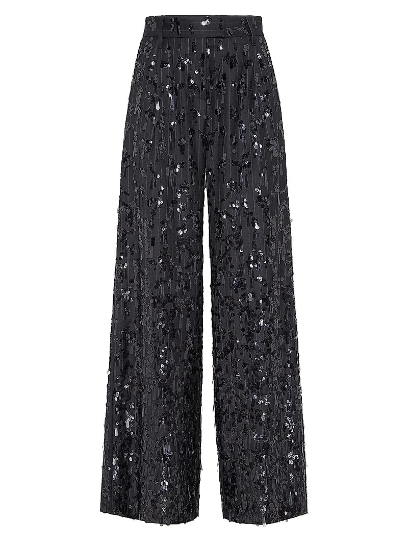 Virgin Wool Chalk Stripe Twill Loose Pleated Trousers with Swing Drops Embroidery