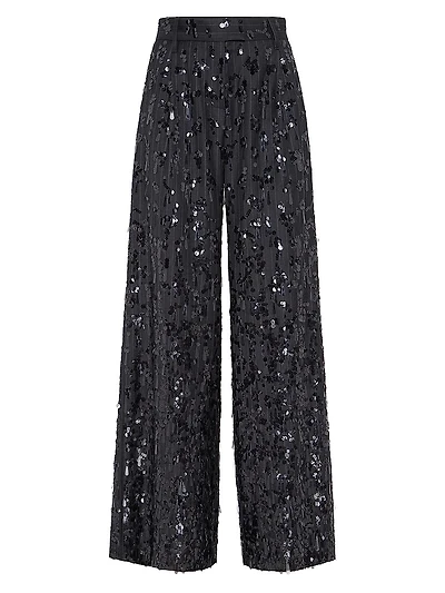 Virgin Wool Chalk Stripe Twill Loose Pleated Trousers with Swing Drops Embroidery