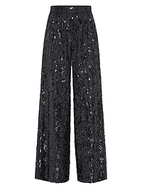 Virgin Wool Chalk Stripe Twill Loose Pleated Trousers with Swing Drops Embroidery