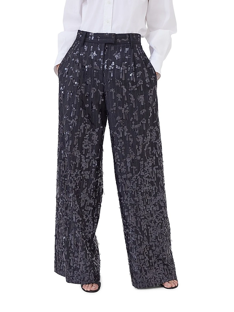 Virgin Wool Chalk Stripe Twill Loose Pleated Trousers with Swing Drops Embroidery