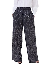 Virgin Wool Chalk Stripe Twill Loose Pleated Trousers with Swing Drops Embroidery