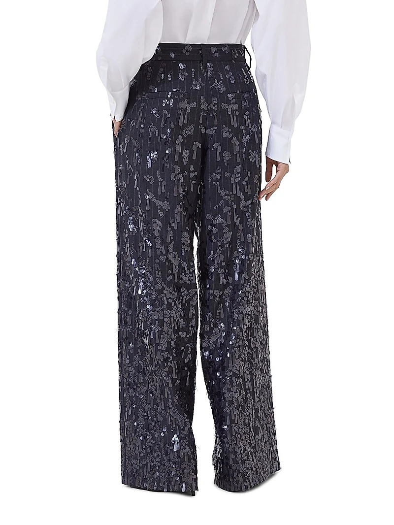 Virgin Wool Chalk Stripe Twill Loose Pleated Trousers with Swing Drops Embroidery