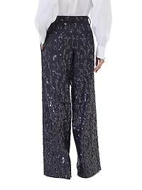 Virgin Wool Chalk Stripe Twill Loose Pleated Trousers with Swing Drops Embroidery