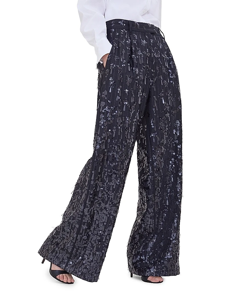 Virgin Wool Chalk Stripe Twill Loose Pleated Trousers with Swing Drops Embroidery