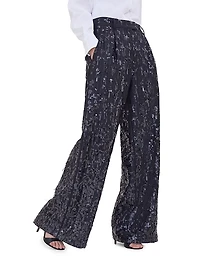 Virgin Wool Chalk Stripe Twill Loose Pleated Trousers with Swing Drops Embroidery