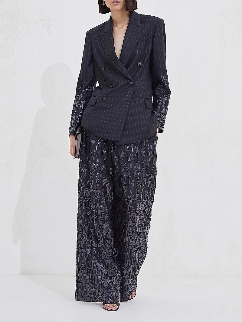 Virgin Wool Chalk Stripe Twill Loose Pleated Trousers with Swing Drops Embroidery