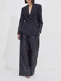 Virgin Wool Chalk Stripe Twill Loose Pleated Trousers with Swing Drops Embroidery