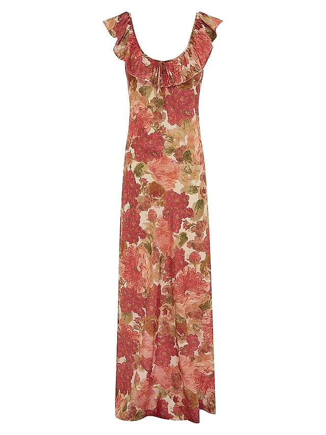 saks fifth avenue maxi dresses Vintage Floral Ruched Mock-Neck Dress Size M STUNNING trimmed V Women's Designer Evening Gowns |