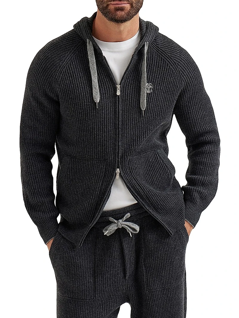 Cashmere English Rib Knit Hooded Sweatshirt