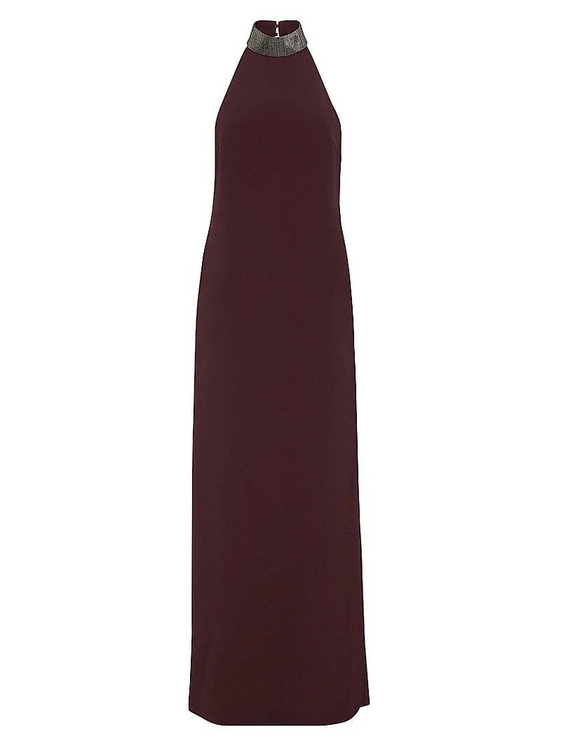 Silk and Acetate Crêpe Cady Halterneck Dress with Precious Beaded Collar