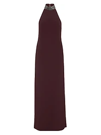 Silk and Acetate Crêpe Cady Halterneck Dress with Precious Beaded Collar