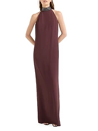 Silk and Acetate Crêpe Cady Halterneck Dress with Precious Beaded Collar