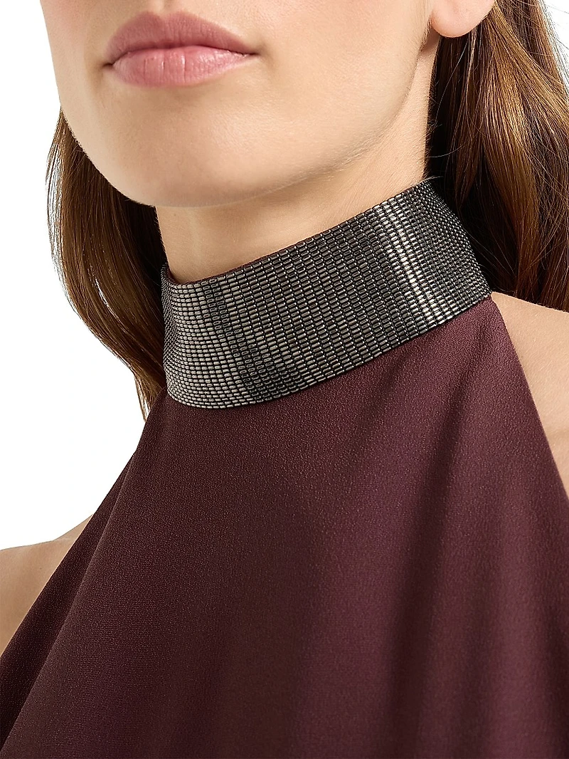 Silk and Acetate Crêpe Cady Halterneck Dress with Precious Beaded Collar