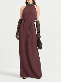 Silk and Acetate Crêpe Cady Halterneck Dress with Precious Beaded Collar