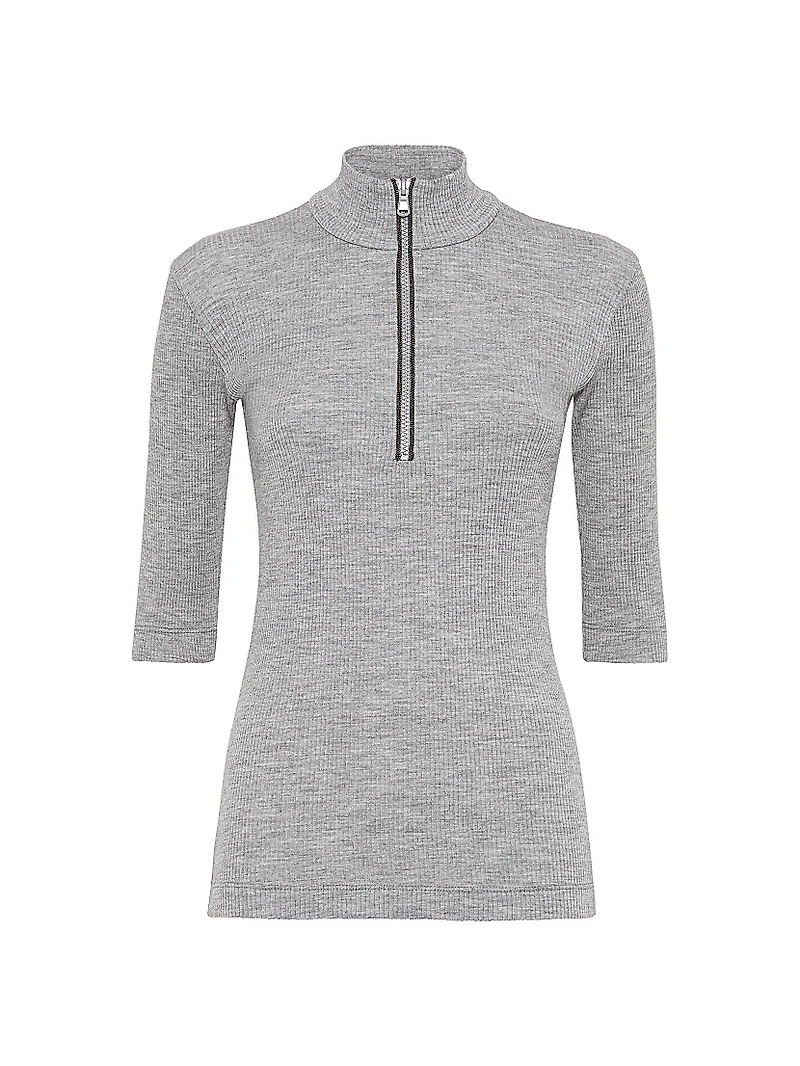 Ribbed Wool Jersey Top with Shiny Half Zip