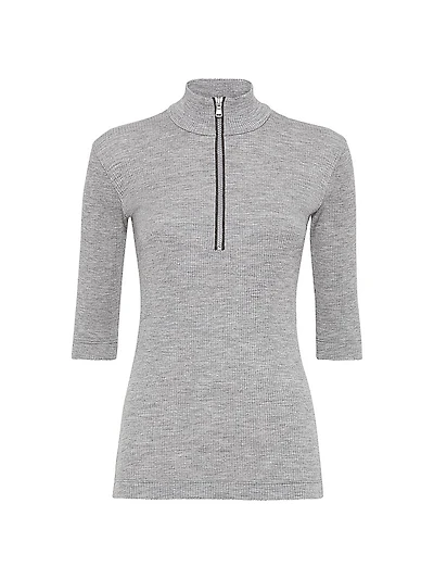 Ribbed Wool Jersey Top with Shiny Half Zip