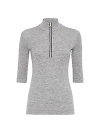 Ribbed Wool Jersey Top with Shiny Half Zip