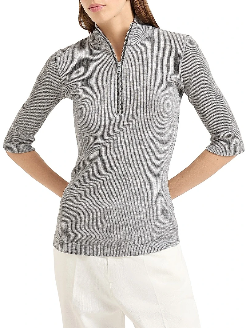 Ribbed Wool Jersey Top with Shiny Half Zip