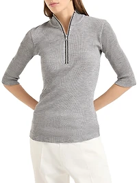 Ribbed Wool Jersey Top with Shiny Half Zip