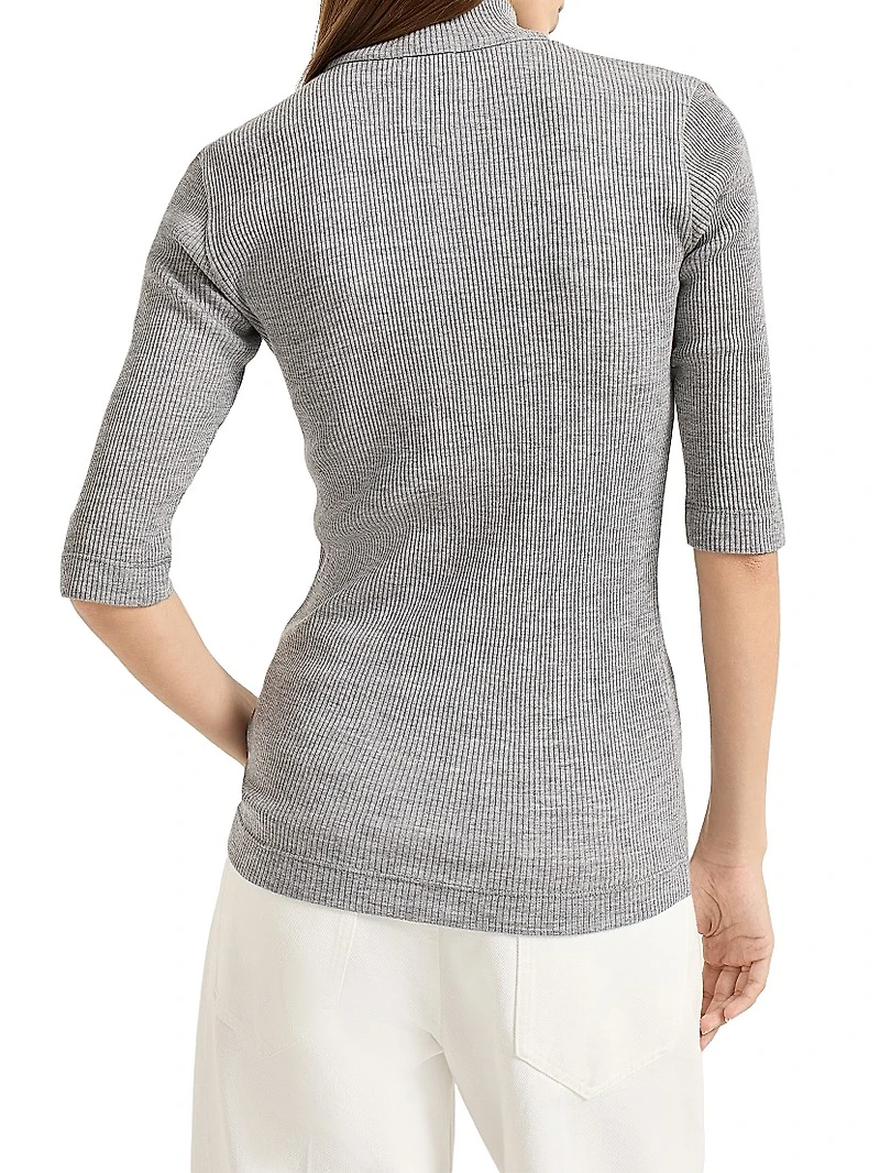 Ribbed Wool Jersey Top with Shiny Half Zip