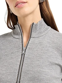 Ribbed Wool Jersey Top with Shiny Half Zip