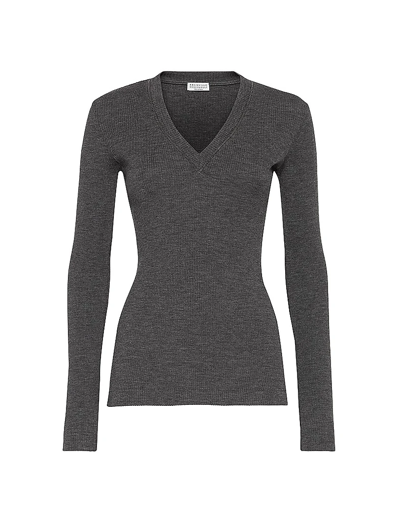 Ribbed Wool Jersey Top with Shiny Trim