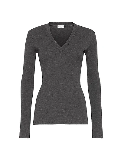 Ribbed Wool Jersey Top with Shiny Trim