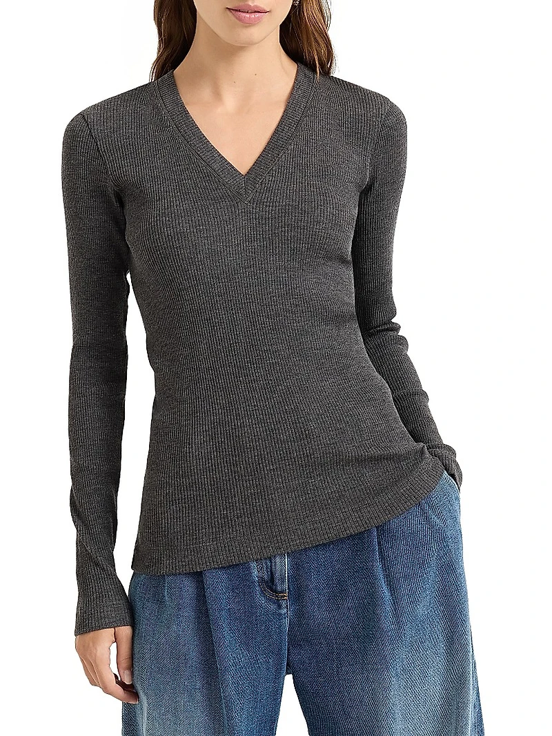 Ribbed Wool Jersey Top with Shiny Trim
