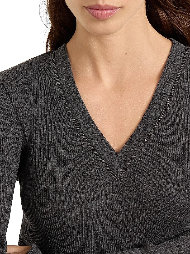 Ribbed Wool Jersey Top with Shiny Trim