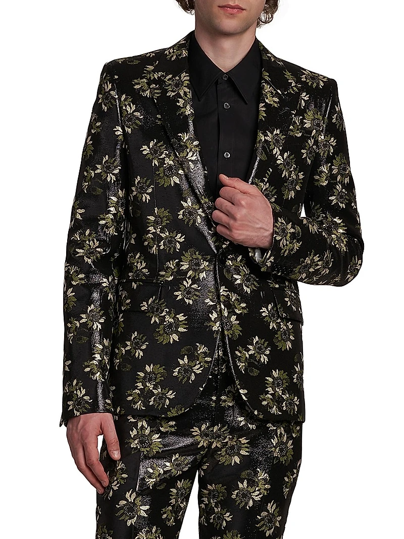 Metallic Floral Jacquard Single-Breasted Jacket