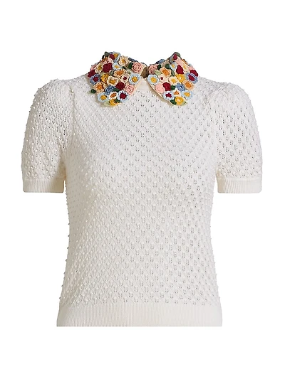 Appliqué-Collar Stretch-Wool Short-Sleeve Sweater
