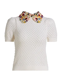Appliqué-Collar Stretch-Wool Short-Sleeve Sweater