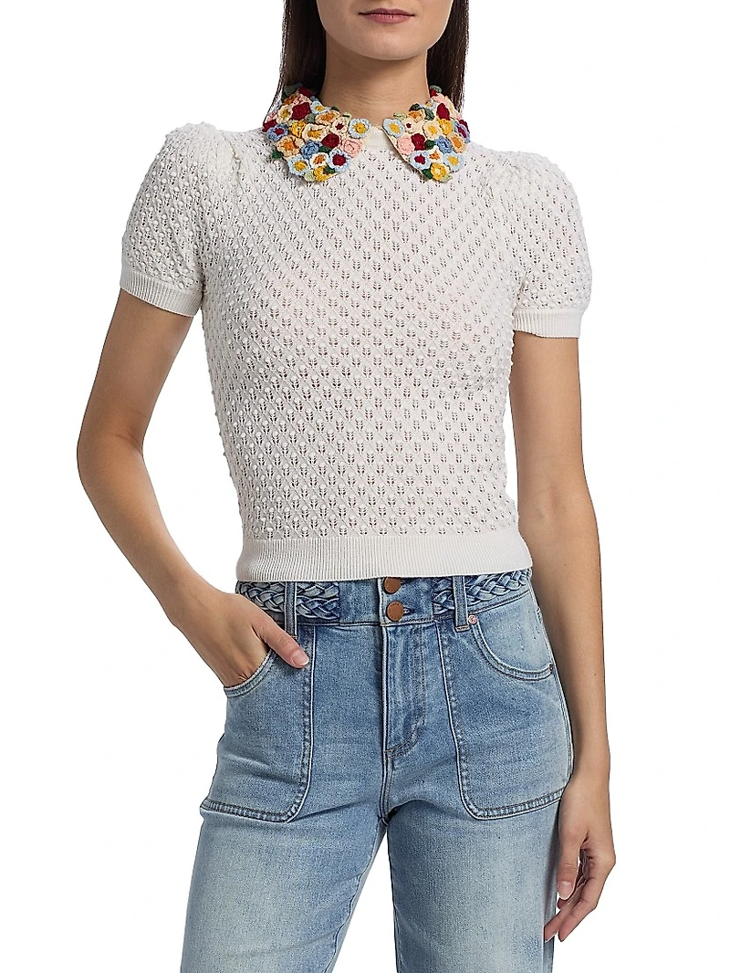 Appliqué-Collar Stretch-Wool Short-Sleeve Sweater
