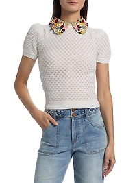 Appliqué-Collar Stretch-Wool Short-Sleeve Sweater