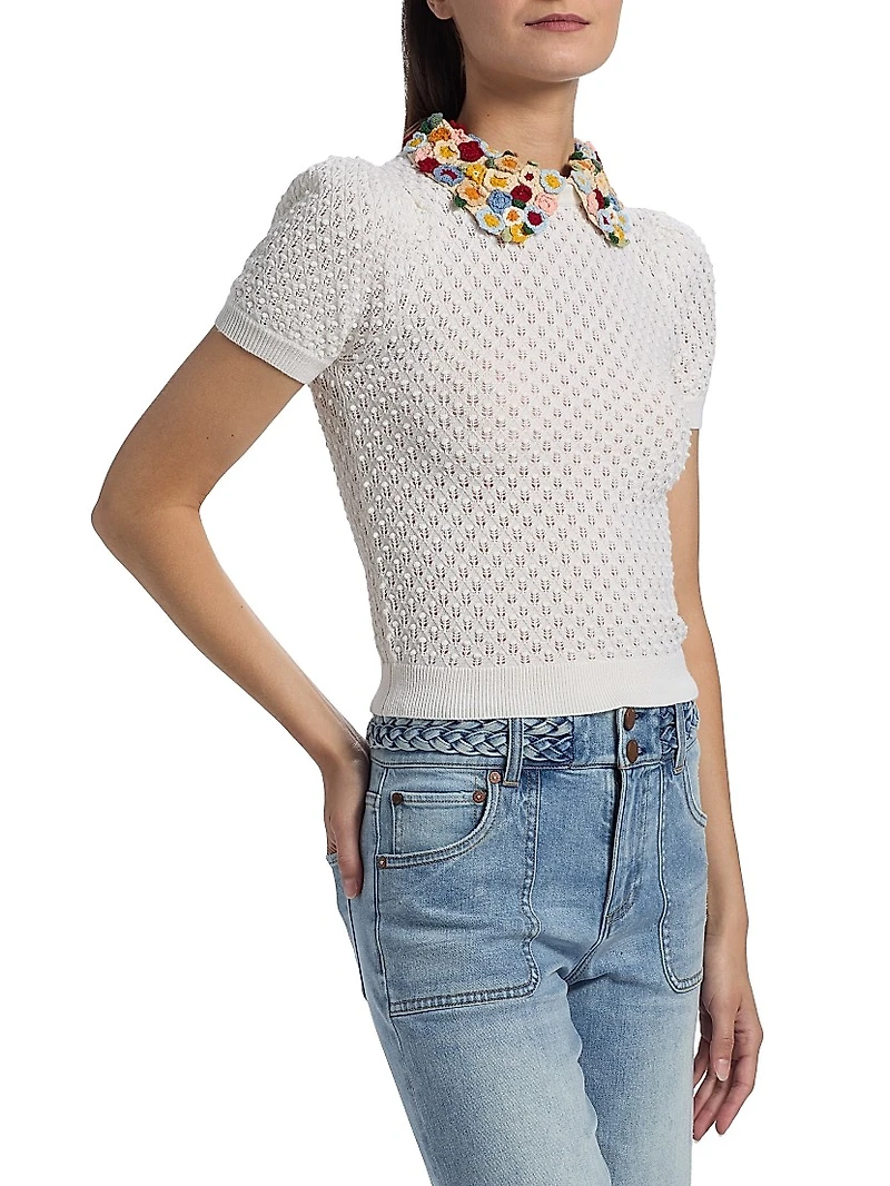 Appliqué-Collar Stretch-Wool Short-Sleeve Sweater