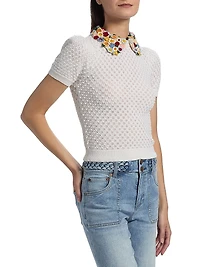 Appliqué-Collar Stretch-Wool Short-Sleeve Sweater