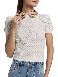 Appliqué-Collar Stretch-Wool Short-Sleeve Sweater