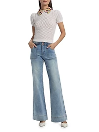 Appliqué-Collar Stretch-Wool Short-Sleeve Sweater