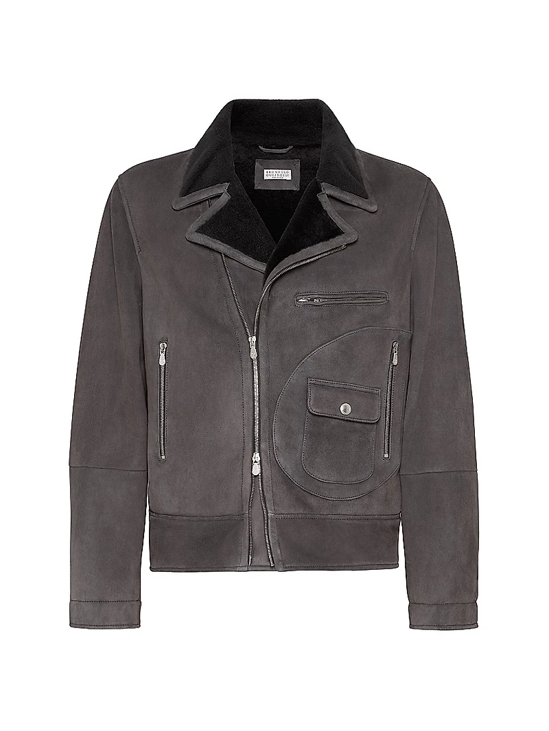 Tone on Suede Shearling Biker Jacket