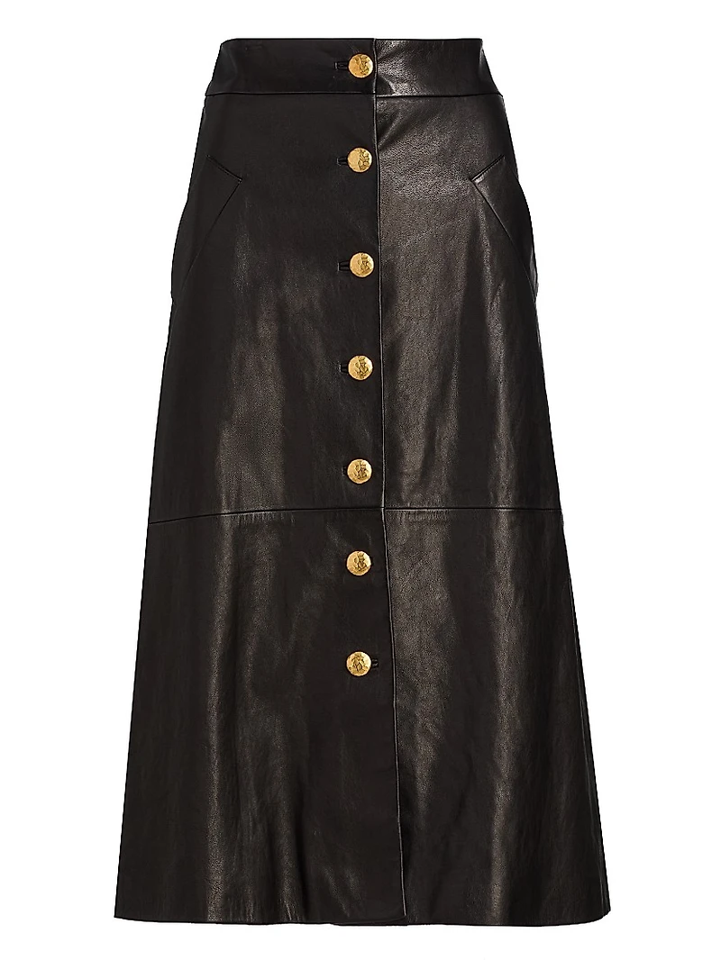 Button-Front Leather A-Line Midi-Skirt