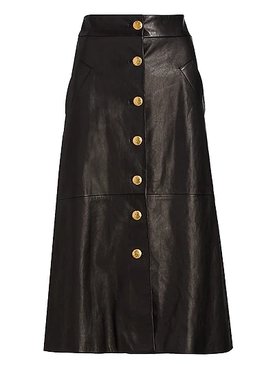 Button-Front Leather A-Line Midi-Skirt