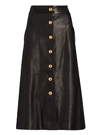 Button-Front Leather A-Line Midi-Skirt