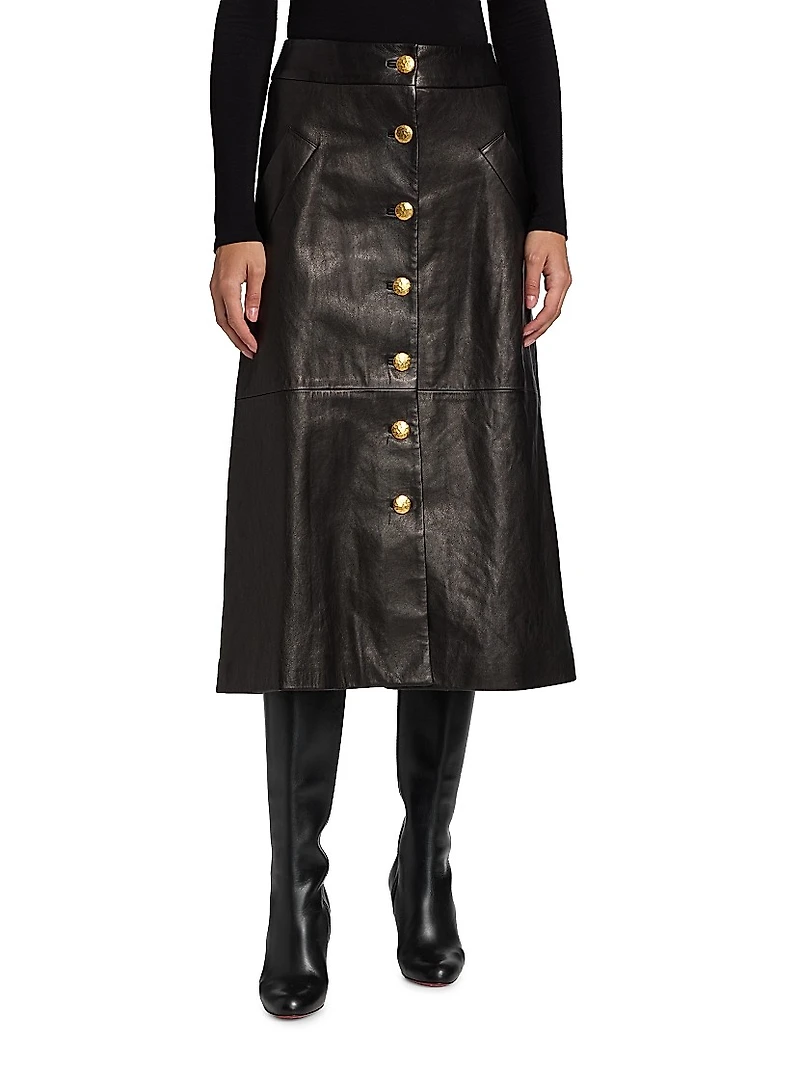 Button-Front Leather A-Line Midi-Skirt
