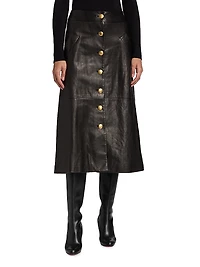 Button-Front Leather A-Line Midi-Skirt