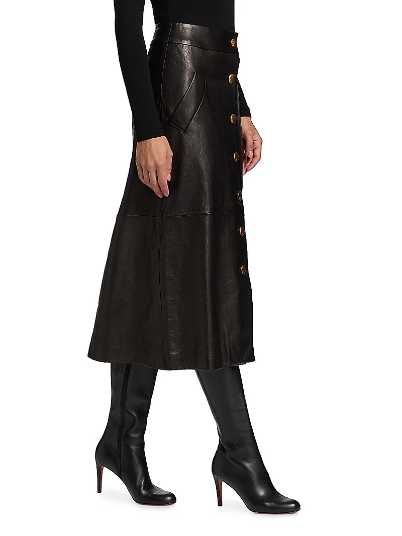 Button-Front Leather A-Line Midi-Skirt