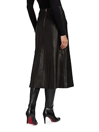 Button-Front Leather A-Line Midi-Skirt