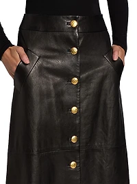Button-Front Leather A-Line Midi-Skirt