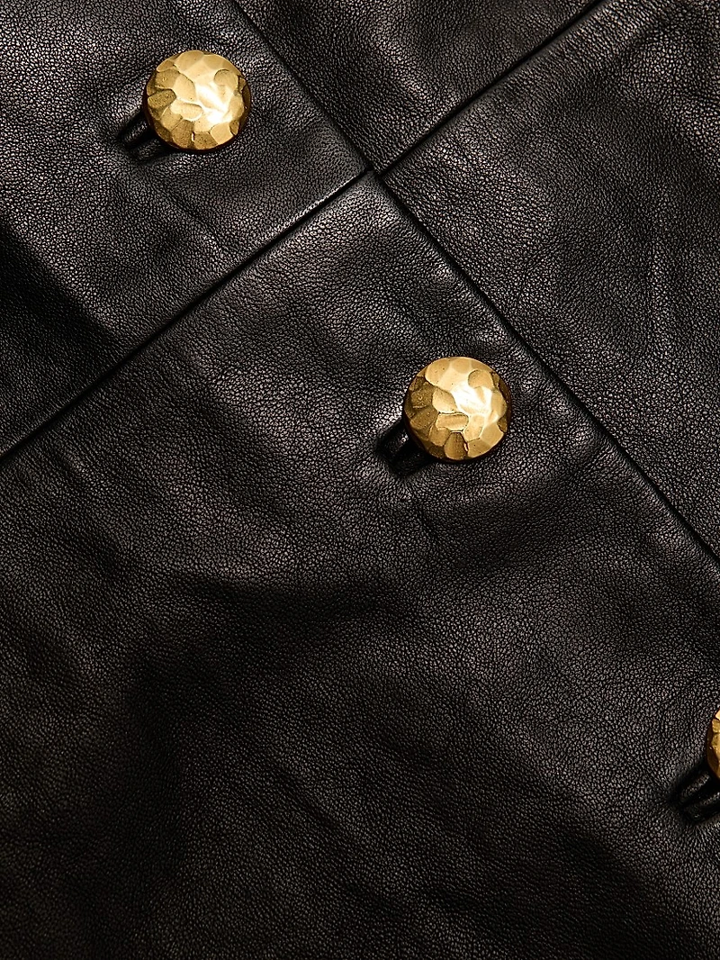 Button-Front Leather A-Line Midi-Skirt